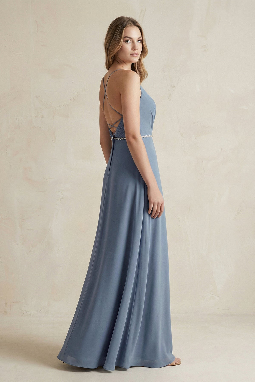 Chiffon A-Line Ruched Cami Strap Bridesmaid Dress in Neptune - Curvevia