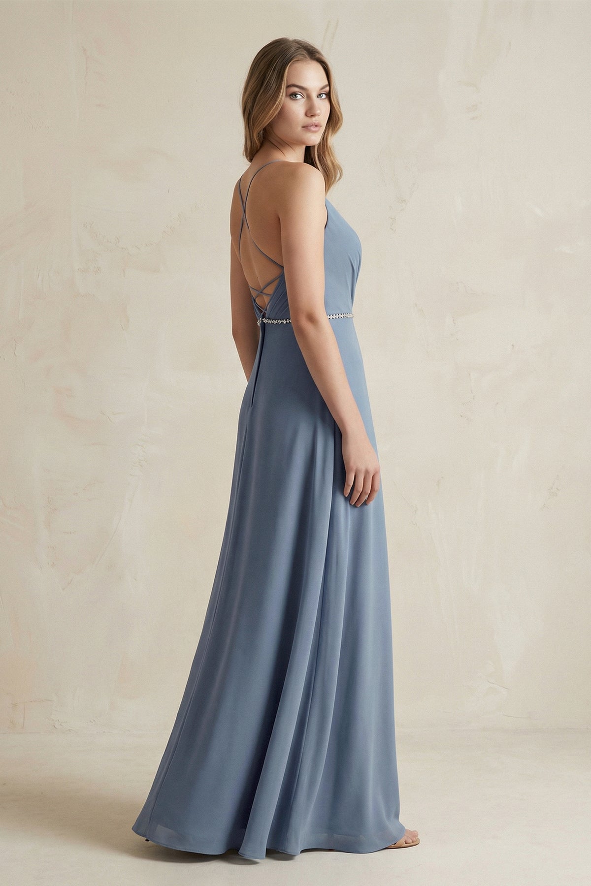 Chiffon A-Line Ruched Cami Strap Bridesmaid Dress in Neptune - Curvevia