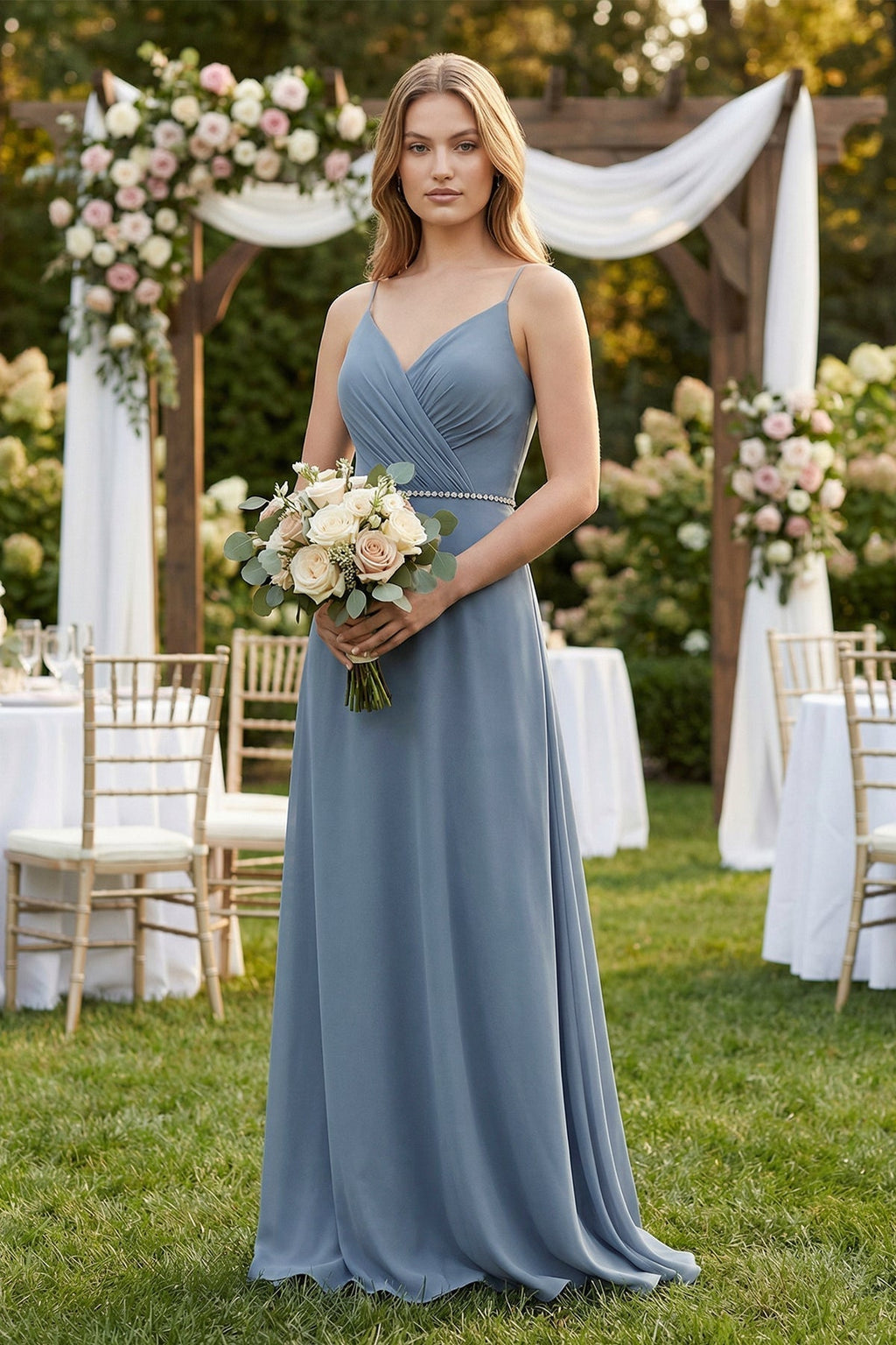 Chiffon A-Line Ruched Cami Strap Bridesmaid Dress in Neptune - Curvevia