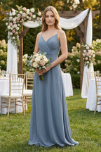 Chiffon A-Line Ruched Cami Strap Bridesmaid Dress in Neptune - Curvevia
