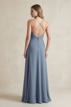 Chiffon A-Line Ruched Cami Strap Bridesmaid Dress in Neptune - Curvevia