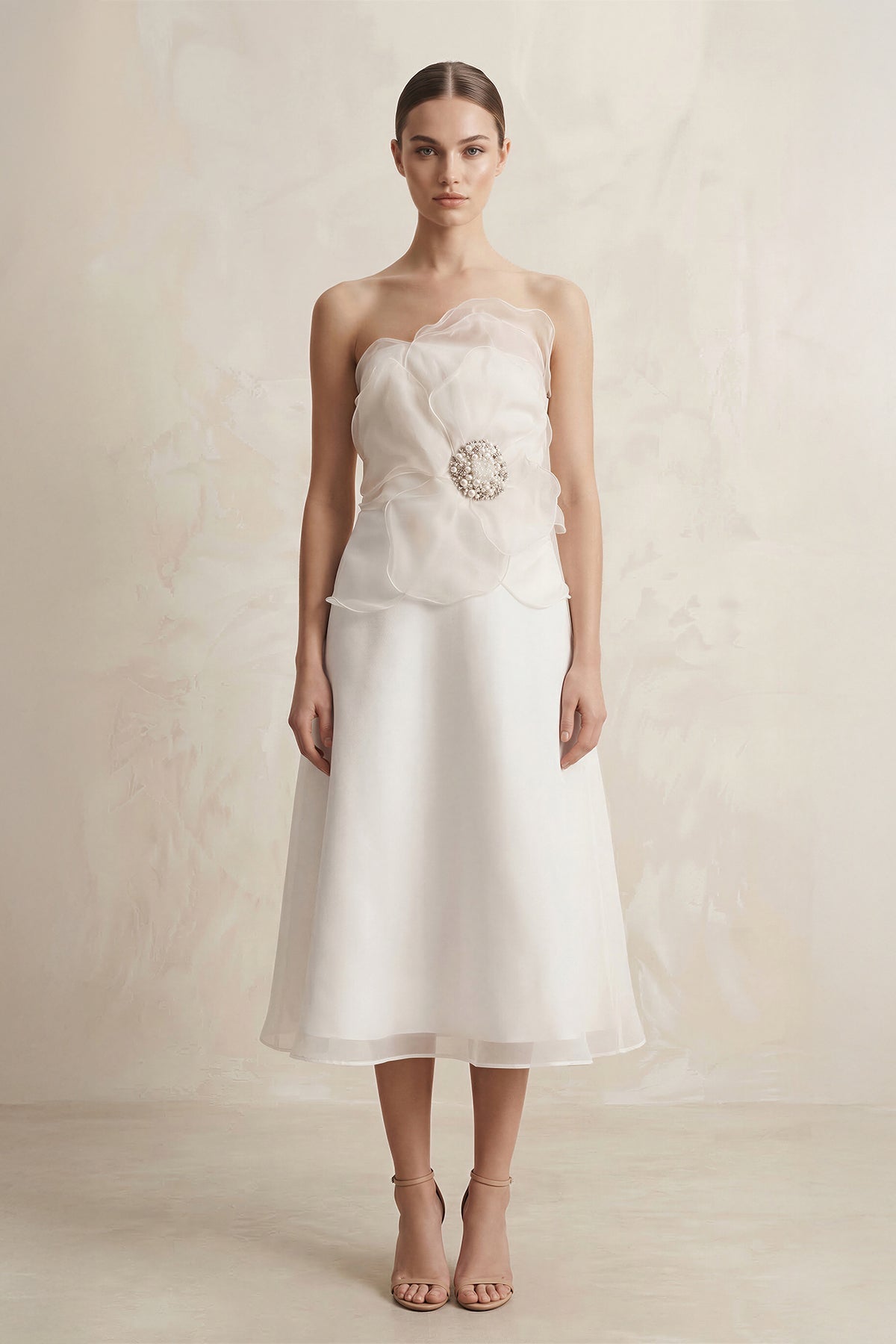 Chiffon Flower Strapless A-Line Midi Wedding Dress in Ivory - Curvevia