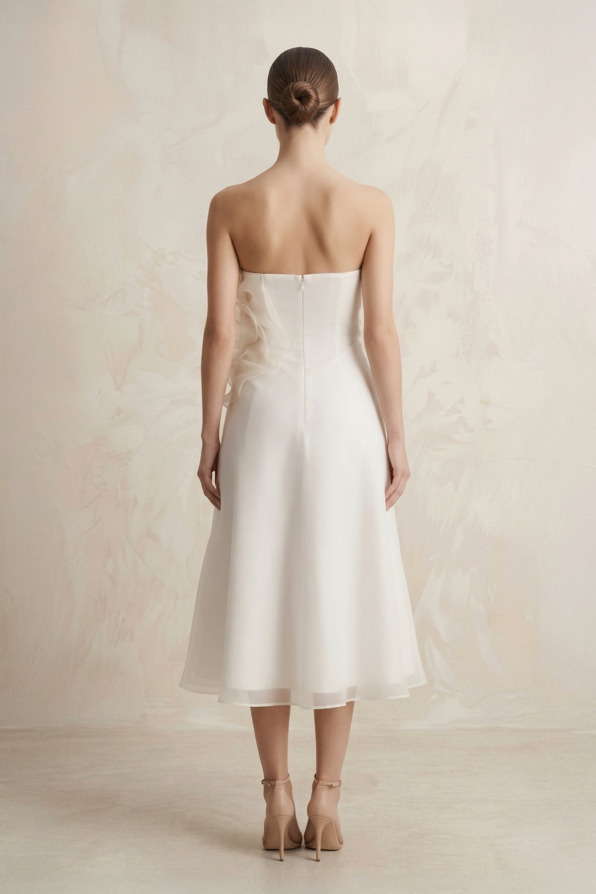 Chiffon Flower Strapless A-Line Midi Wedding Dress in Ivory - Curvevia