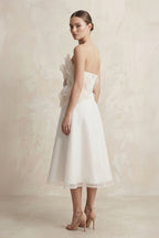 Chiffon Flower Strapless A-Line Midi Wedding Dress in Ivory - Curvevia