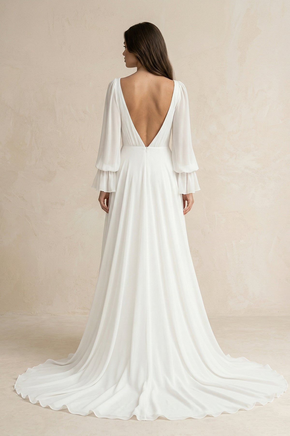 Chiffon V-Neck A-Line Long Sleeves Wedding Dress in White - Curvevia