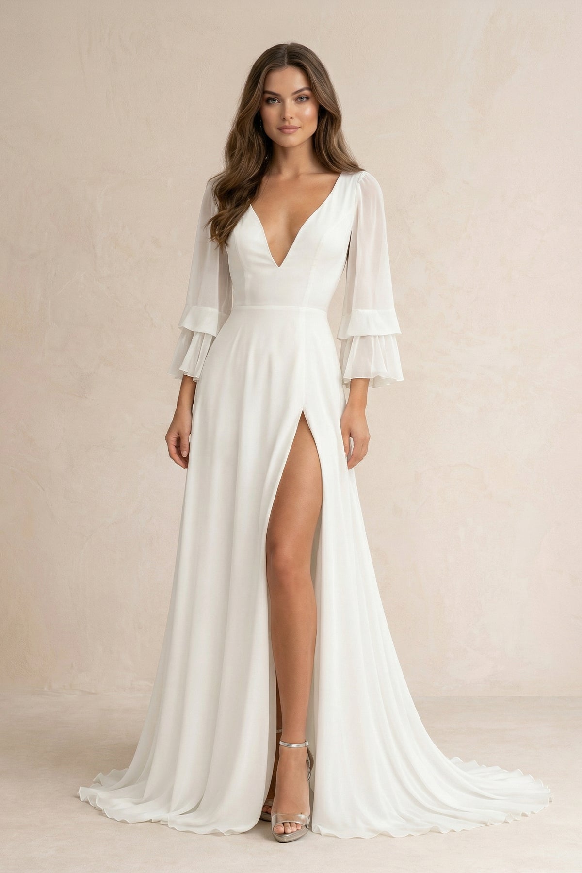 Chiffon V-Neck A-Line Long Sleeves Wedding Dress in White - Curvevia
