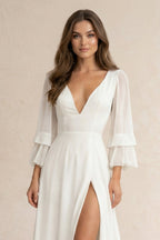 Chiffon V-Neck A-Line Long Sleeves Wedding Dress in White - Curvevia
