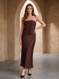 Mocha Satin Column Straight Neck Backless Long Dress with floral lace overlay - Curvevia