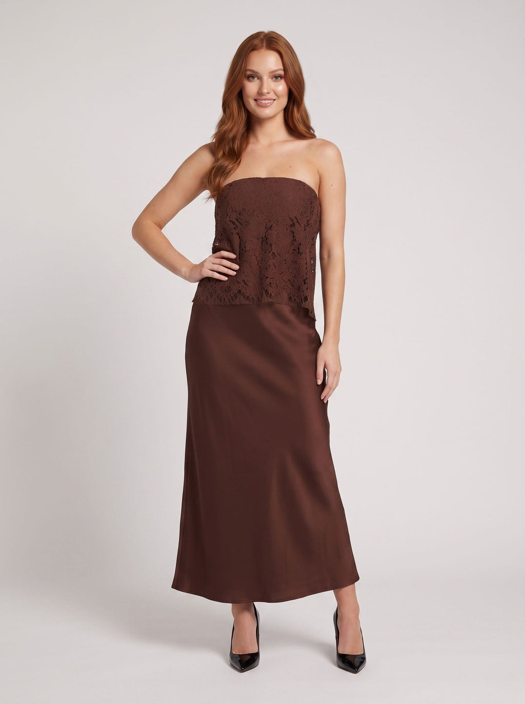 Mocha Satin Column Straight Neck Backless Long Dress with floral lace overlay - Curvevia