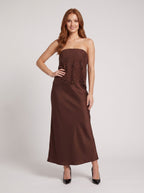 Mocha Satin Column Straight Neck Backless Long Dress with floral lace overlay - Curvevia