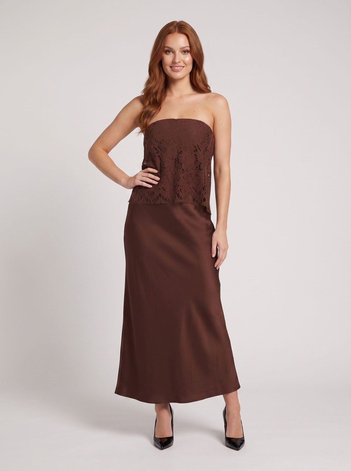Mocha Satin Column Straight Neck Backless Long Dress with floral lace overlay - Curvevia