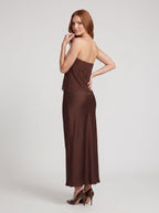 Mocha Satin Column Straight Neck Backless Long Dress with floral lace overlay - Curvevia