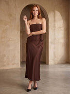 Mocha Satin Column Straight Neck Backless Long Dress with floral lace overlay - Curvevia
