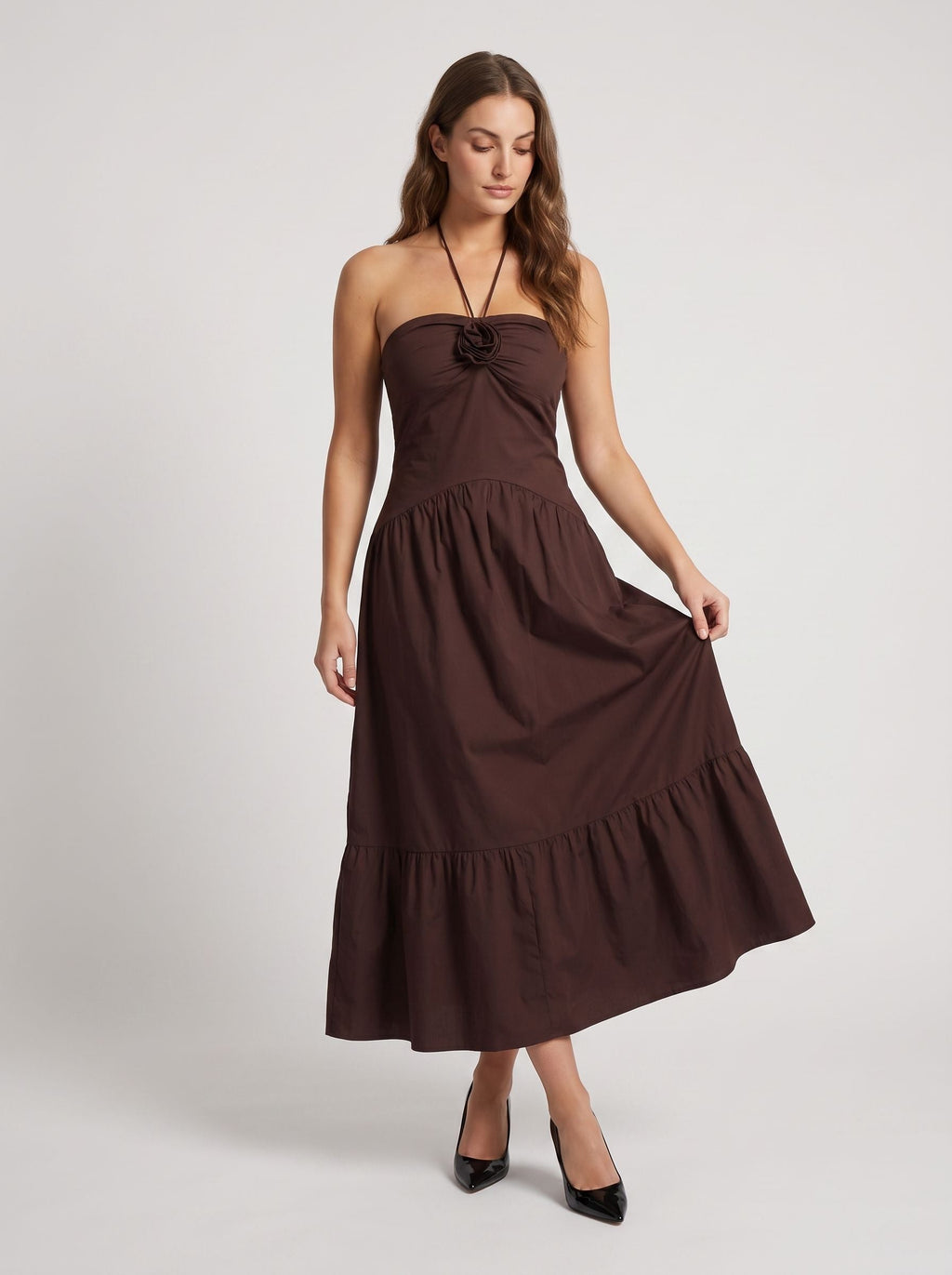 Mocha Matte Satin A-Line Halter neckline Backless Ankle-Length Dress with Rosette Bust Detail - Curvevia