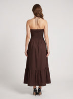 Mocha Matte Satin A-Line Halter neckline Backless Ankle-Length Dress with Rosette Bust Detail - Curvevia