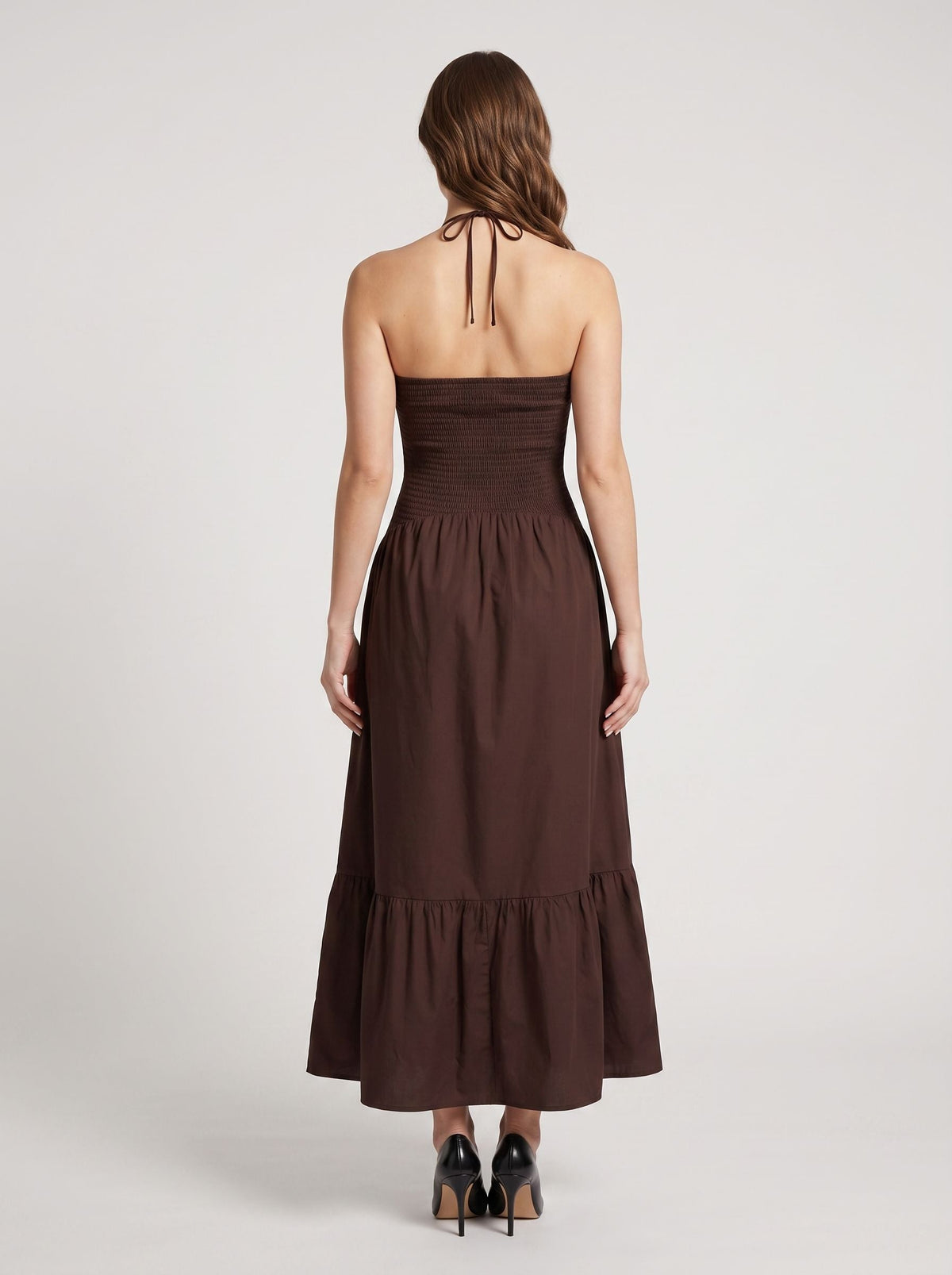 Mocha Matte Satin A-Line Halter neckline Backless Ankle-Length Dress with Rosette Bust Detail - Curvevia