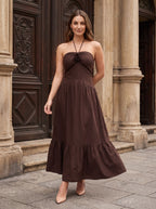 Mocha Matte Satin A-Line Halter neckline Backless Ankle-Length Dress with Rosette Bust Detail - Curvevia