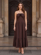 Mocha Matte Satin A-Line Halter neckline Backless Ankle-Length Dress with Rosette Bust Detail - Curvevia