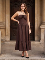 Mocha Matte Satin A-Line Halter neckline Backless Ankle-Length Dress with Rosette Bust Detail - Curvevia
