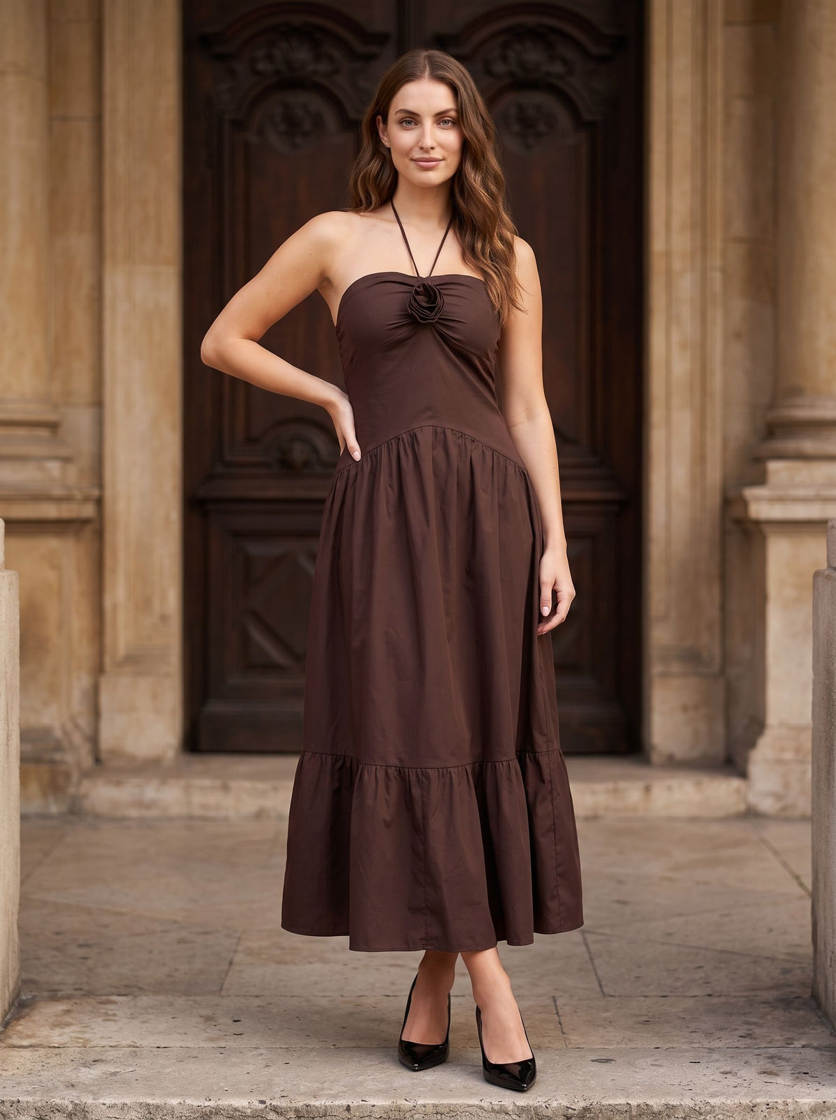 Mocha Matte Satin A-Line Halter neckline Backless Ankle-Length Dress with Rosette Bust Detail - Curvevia