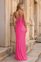 Ruched Strapless Pink Long Prom Dress - Curvevia