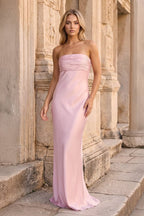 Ruched Strapless Pink Long Prom Dress - Curvevia