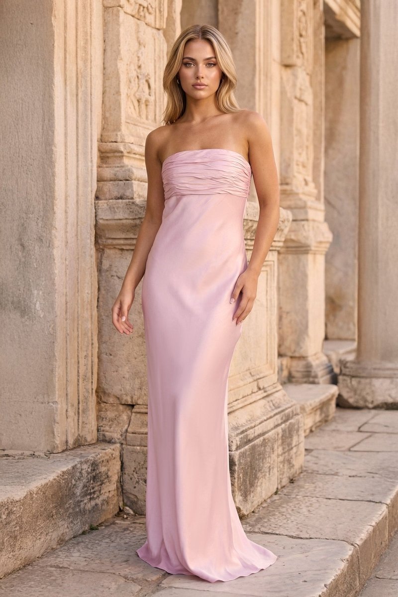 Ruched Strapless Pink Long Prom Dress - Curvevia