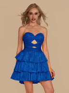 Royal Blue A Line Sweetheart Satin Cut Out Ruffled Homecoming Dresses with Beads - Curvevia