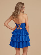 Royal Blue A Line Sweetheart Satin Cut Out Ruffled Homecoming Dresses with Beads - Curvevia