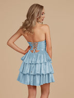 Royal Blue A Line Sweetheart Satin Cut Out Ruffled Homecoming Dresses with Beads - Curvevia