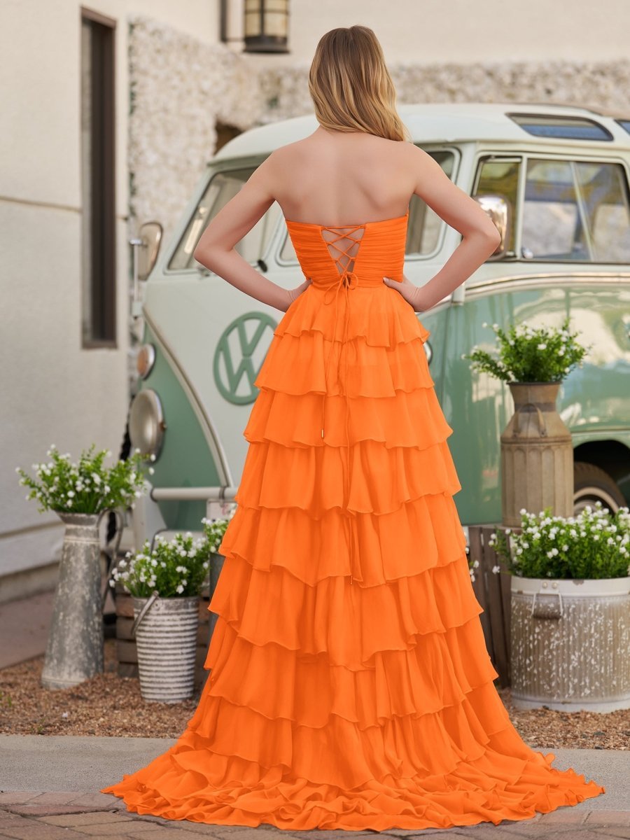 Chiffon Fuchsia Sweetheart Tiered Ruffles Evening Dress with Slit - Curvevia