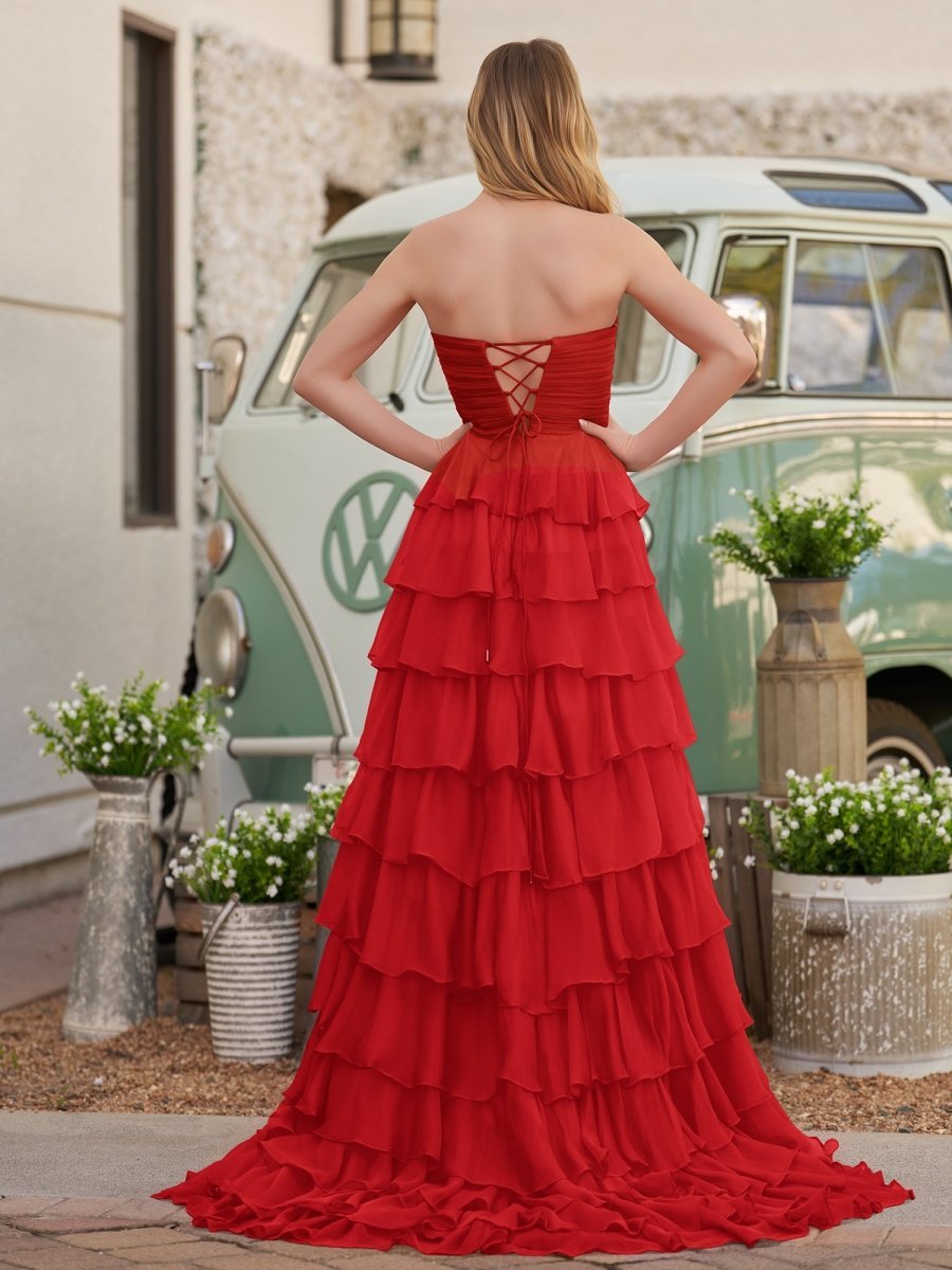 Chiffon Fuchsia Sweetheart Tiered Ruffles Evening Dress with Slit - Curvevia