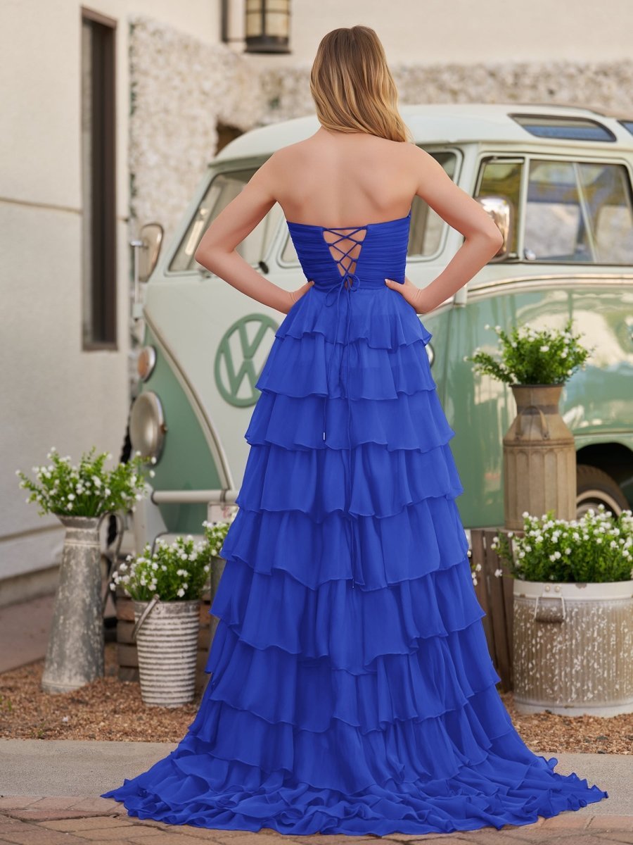Chiffon Fuchsia Sweetheart Tiered Ruffles Evening Dress with Slit - Curvevia