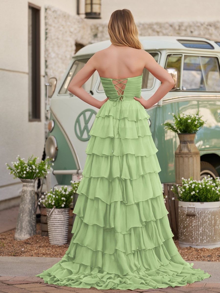 Chiffon Fuchsia Sweetheart Tiered Ruffles Evening Dress with Slit - Curvevia