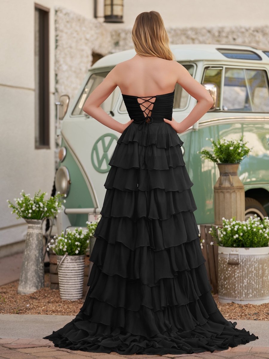 Chiffon Fuchsia Sweetheart Tiered Ruffles Evening Dress with Slit - Curvevia