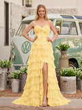 Chiffon Fuchsia Sweetheart Tiered Ruffles Evening Dress with Slit - Curvevia