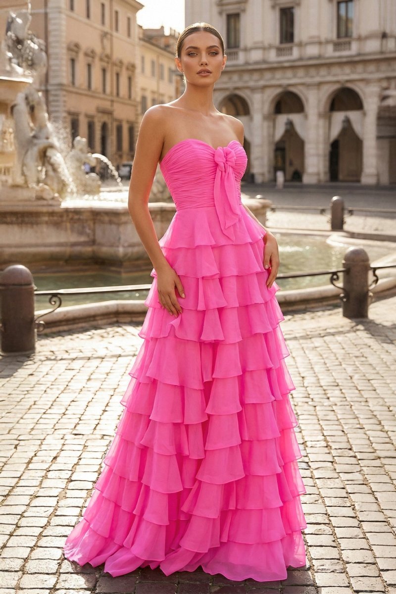 Chiffon Fuchsia Sweetheart Tiered Ruffles Evening Dress with Slit - Curvevia