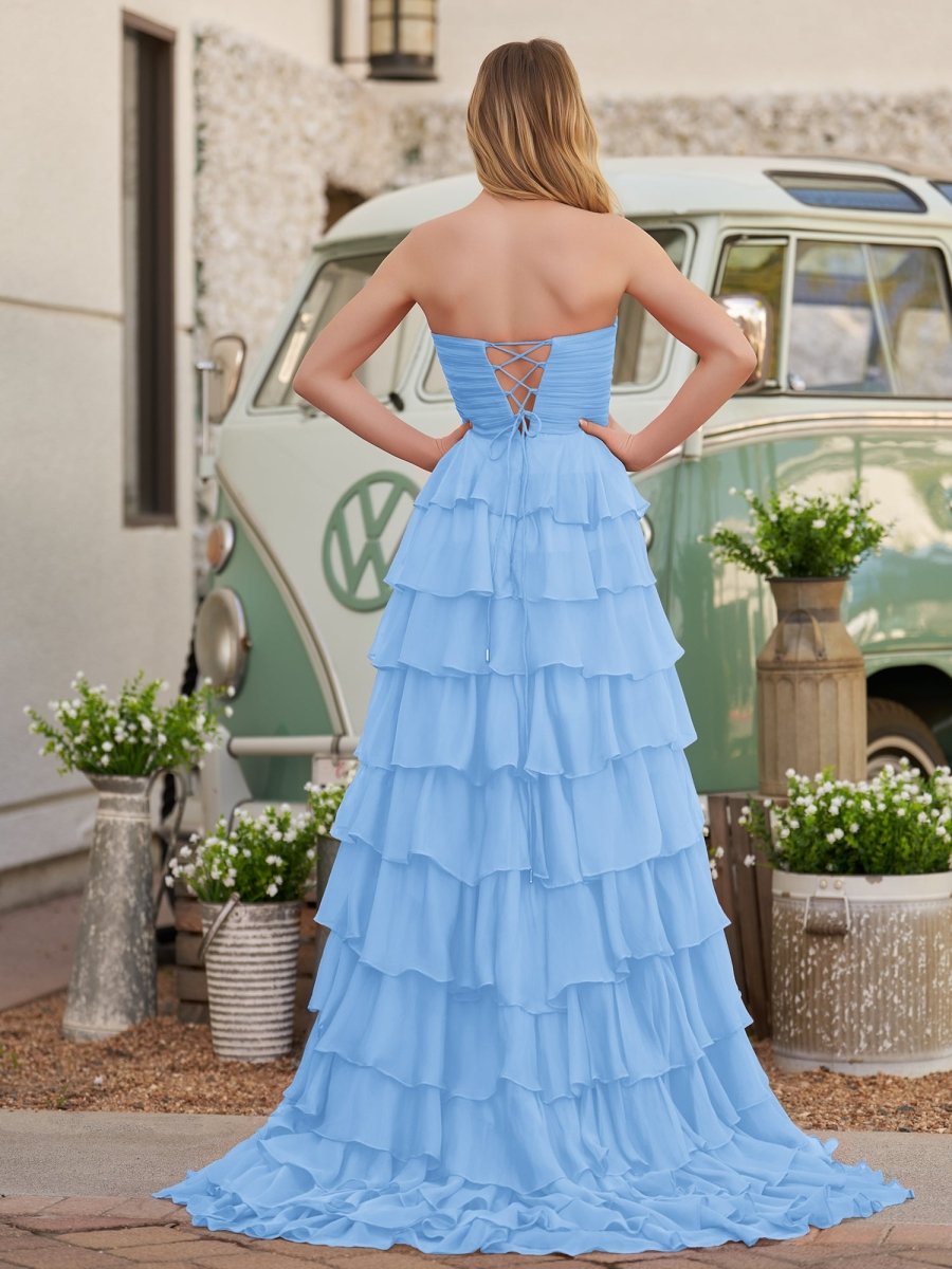 Chiffon Fuchsia Sweetheart Tiered Ruffles Evening Dress with Slit - Curvevia