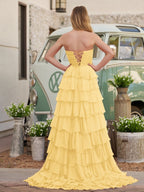 Chiffon Fuchsia Sweetheart Tiered Ruffles Evening Dress with Slit - Curvevia