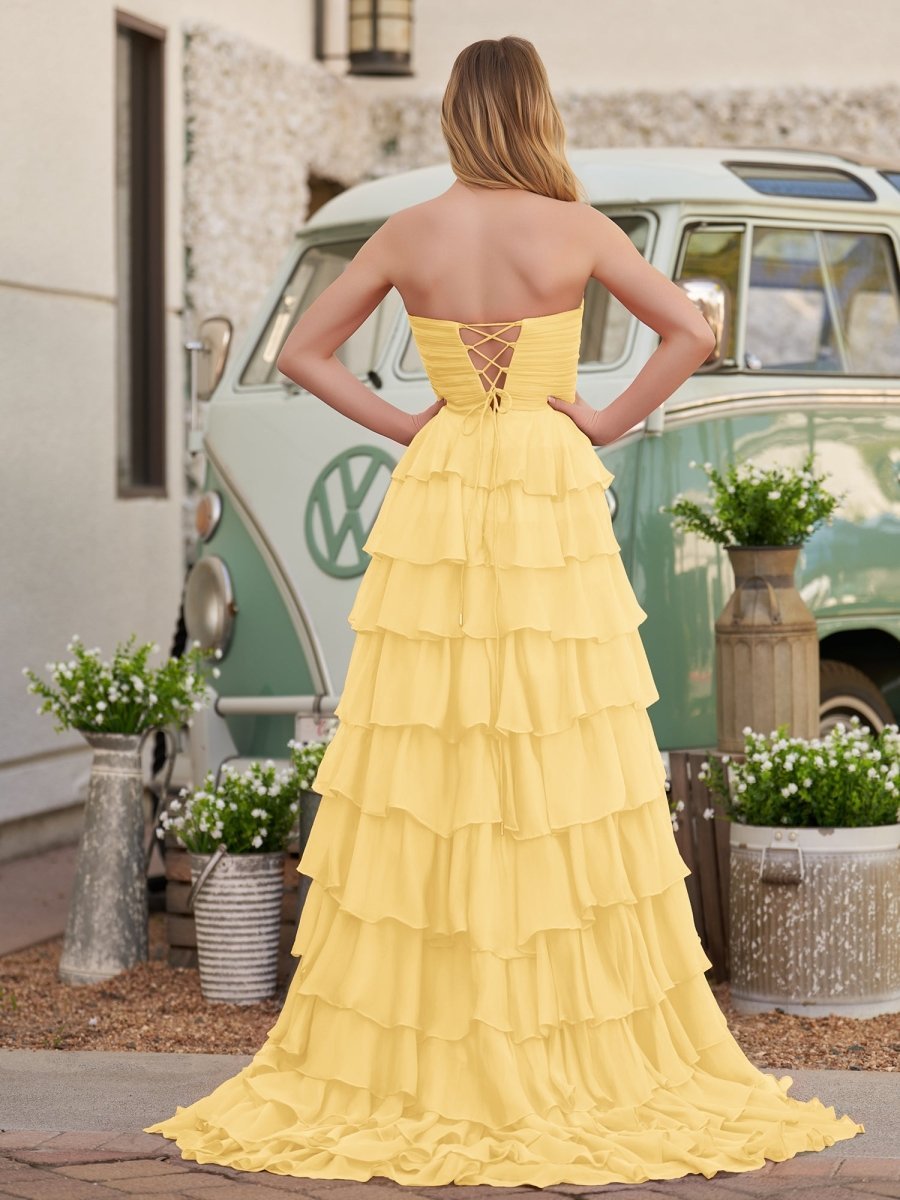 Chiffon Fuchsia Sweetheart Tiered Ruffles Evening Dress with Slit - Curvevia