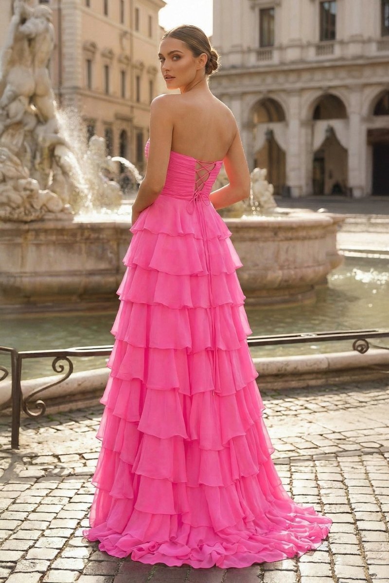 Chiffon Fuchsia Sweetheart Tiered Ruffles Evening Dress with Slit - Curvevia