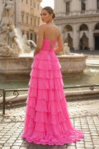 Chiffon Fuchsia Sweetheart Tiered Ruffles Evening Dress with Slit - Curvevia