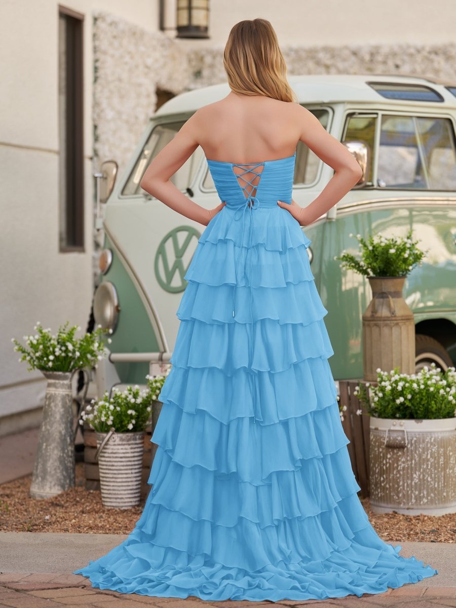 Chiffon Fuchsia Sweetheart Tiered Ruffles Evening Dress with Slit - Curvevia