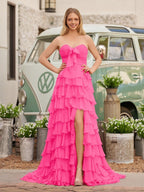 Chiffon Fuchsia Sweetheart Tiered Ruffles Evening Dress with Slit - Curvevia