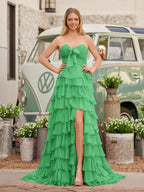 Chiffon Fuchsia Sweetheart Tiered Ruffles Evening Dress with Slit - Curvevia