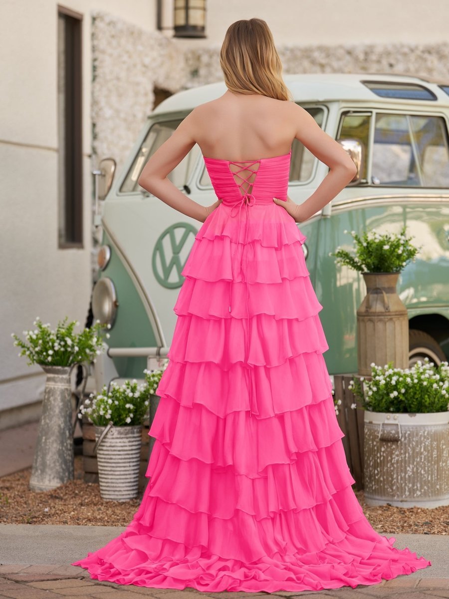 Chiffon Fuchsia Sweetheart Tiered Ruffles Evening Dress with Slit - Curvevia