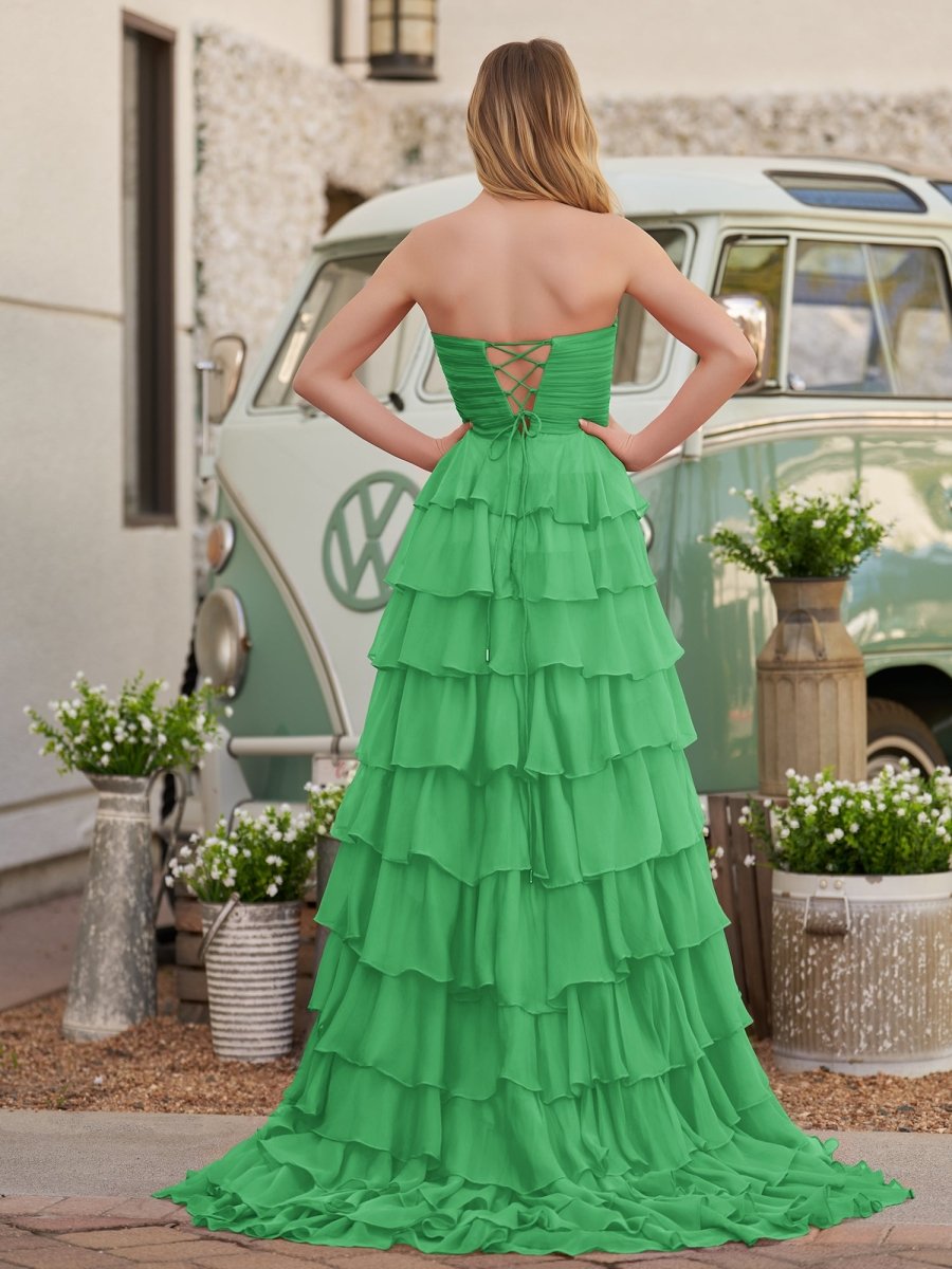 Chiffon Fuchsia Sweetheart Tiered Ruffles Evening Dress with Slit - Curvevia