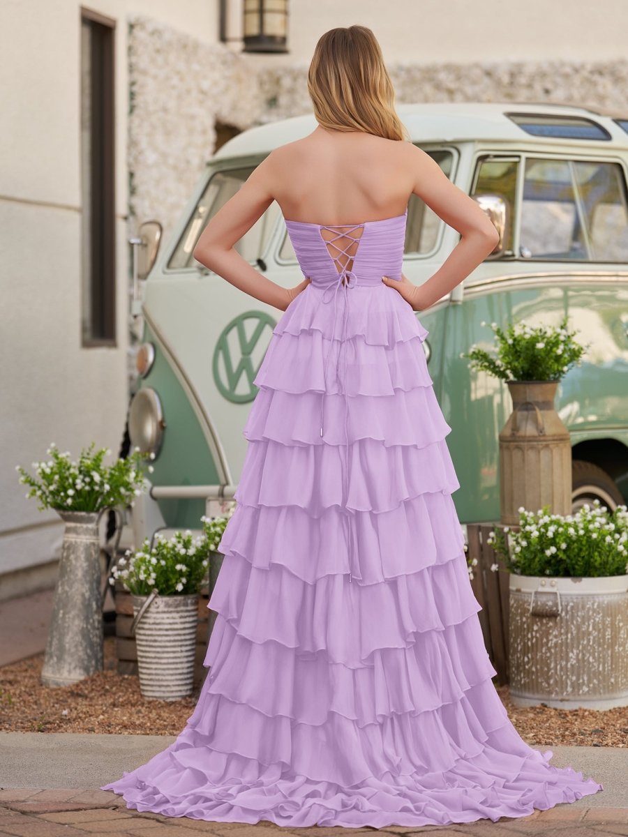 Chiffon Fuchsia Sweetheart Tiered Ruffles Evening Dress with Slit - Curvevia