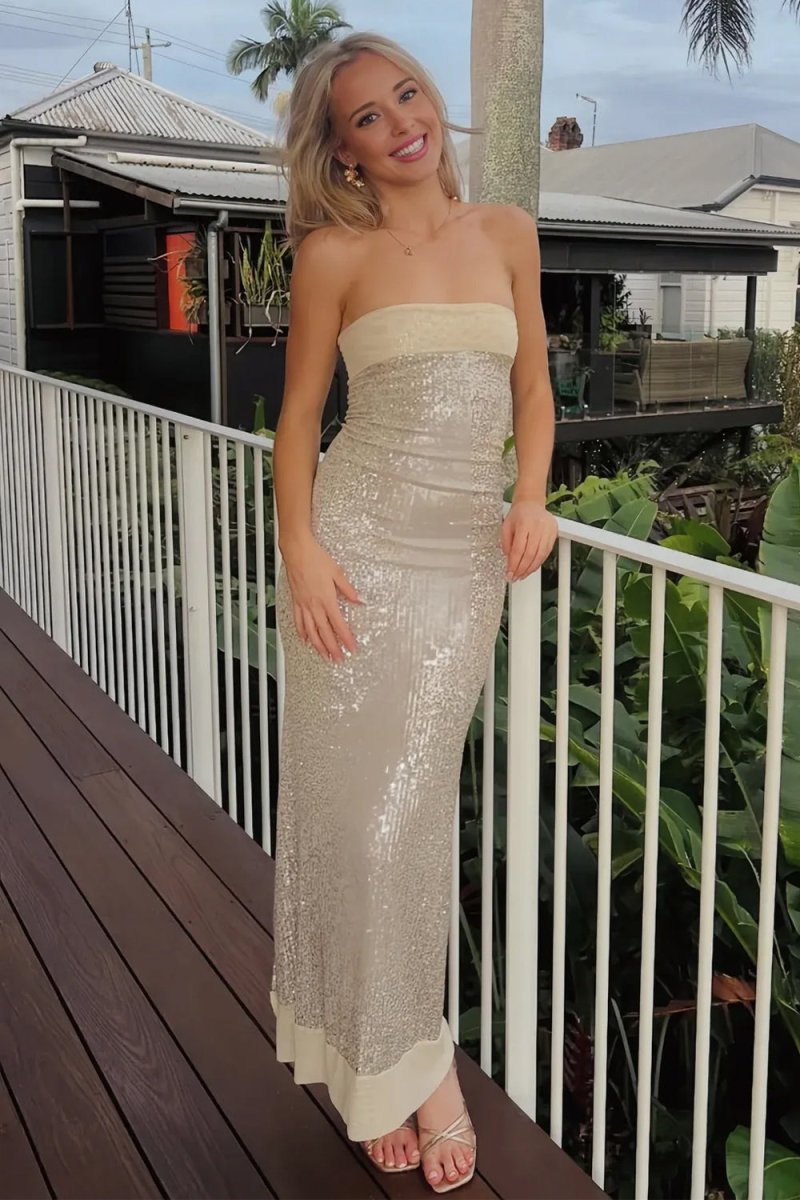 Sage Sheath Strapless Sequined Long Evening Dress - Curvevia