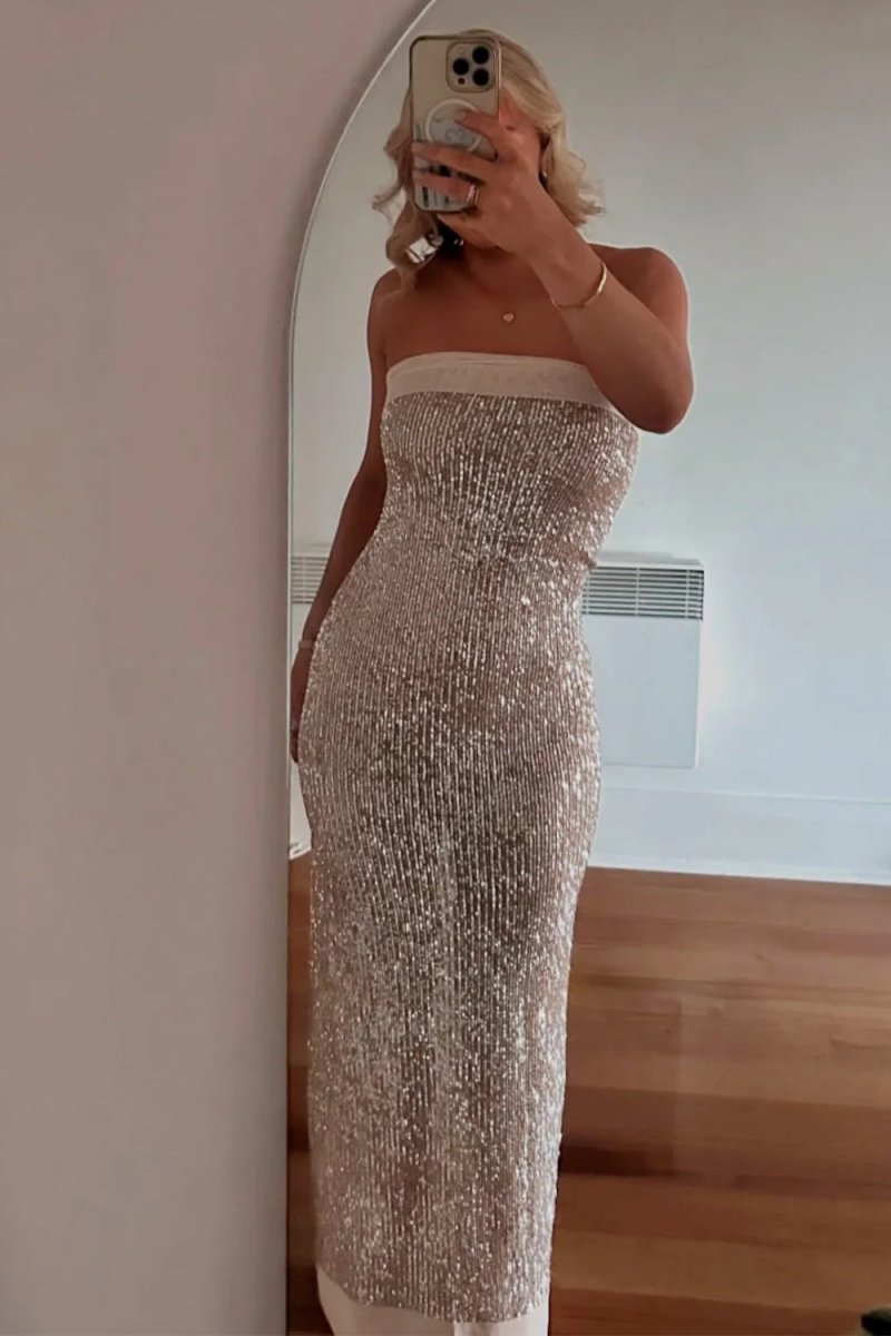 Sage Sheath Strapless Sequined Long Evening Dress - Curvevia